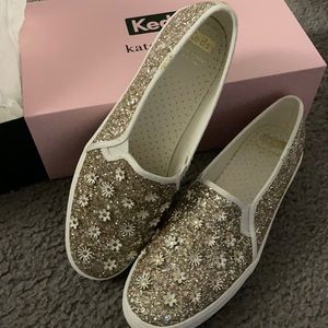 NWB KATE SPADE meds size 9.5 sparkly metallic gold and silver slip-on shoes